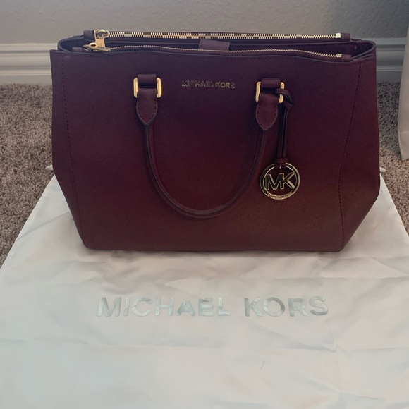 MICHAEL KORS Hope Leather Large Satchel Bag Crossbody Handbag (Merlot) - Picture 2 of 5